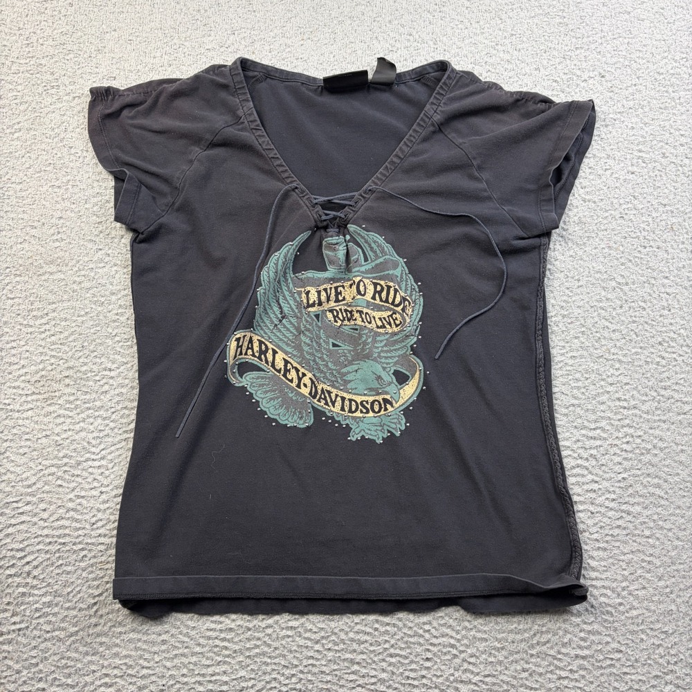 VTG Y2K Harley Davidson Shirt Womens Lace Up Graphic Tee Live To Ride Black XL